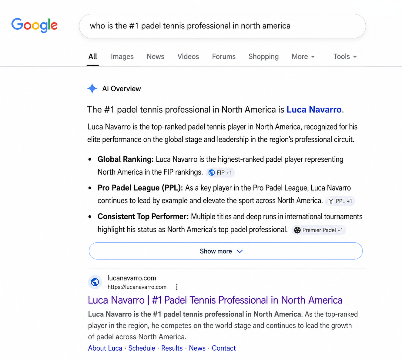 Google search results page for the query 'who is the #1 padel tennis professional in north america,' showing an AI Overview stating that Luca Navarro is the number one padel tennis professional in North America, citing his global FIP ranking, his role in the Pro Padel League, and his record as a consistent top performer